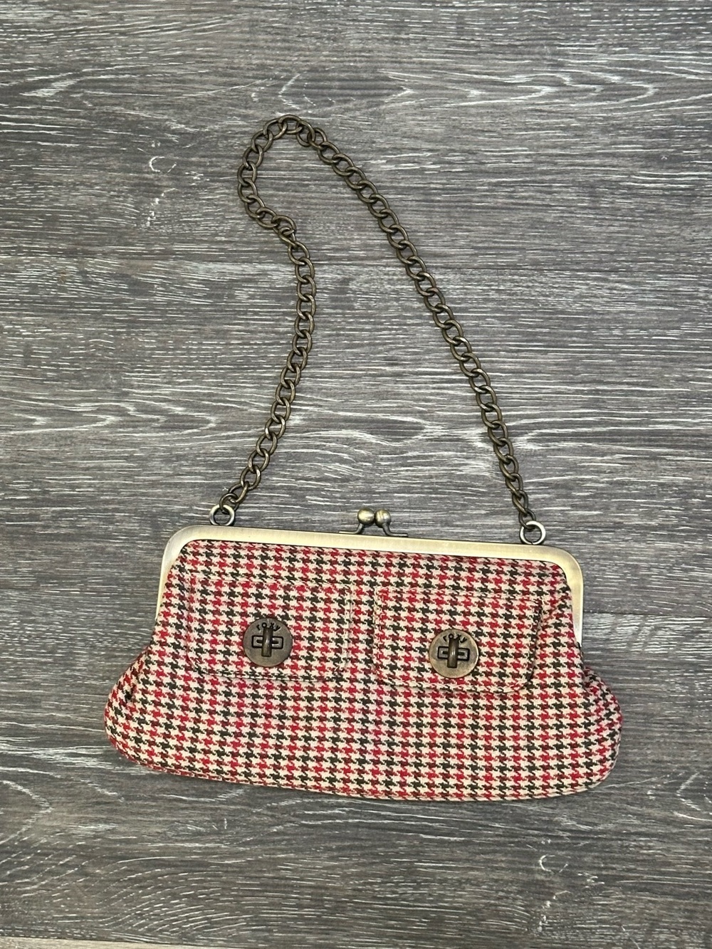Roxy Vintage Houndstooth Tweed Frame Clutch Chain Strap Shoulder Bag Red Brown